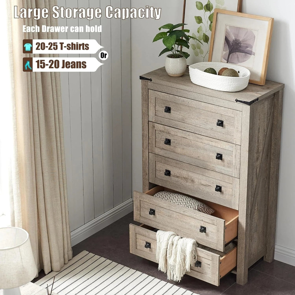 Farmhouse Engineered Wood 5-Drawer Dresser, 15.75in D x 31.25in W x 48in H