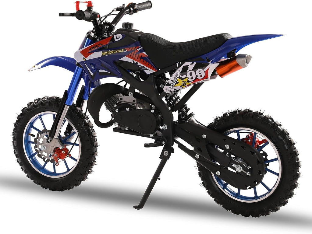 Blue 49cc 2-Stroke Gas-Powered Mini Dirt Bike for Kids & Adults - Off-Road, 40 MPH, Disc Brakes, 150kg Capacity