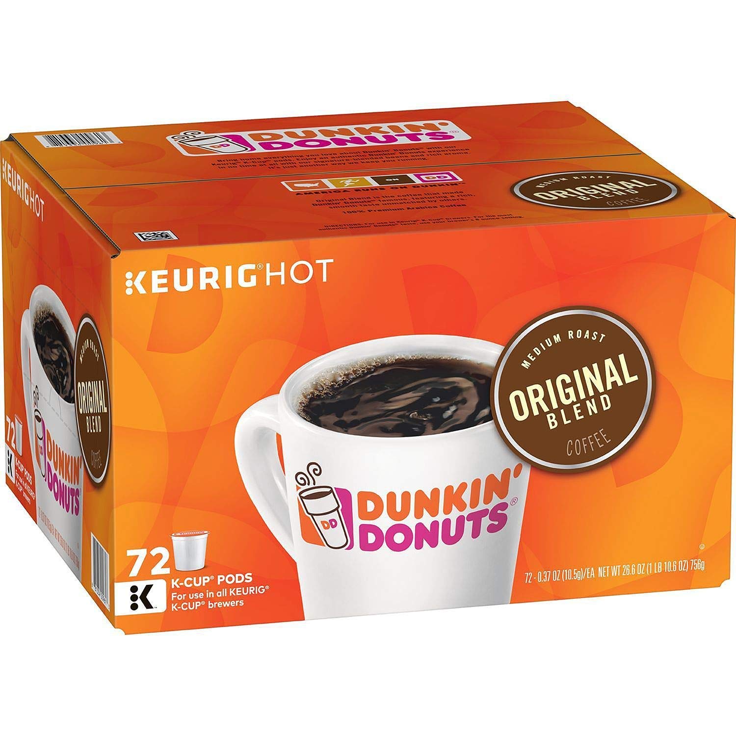Dunkin' Donuts Original Blend Coffee K-Cups, 72 Count, Arabica Beans, Compatible with Keurig Systems