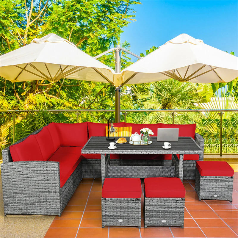 7-Piece Rattan Patio Dining Set With 3 Corner Chairs, 3 Ottomans And Table