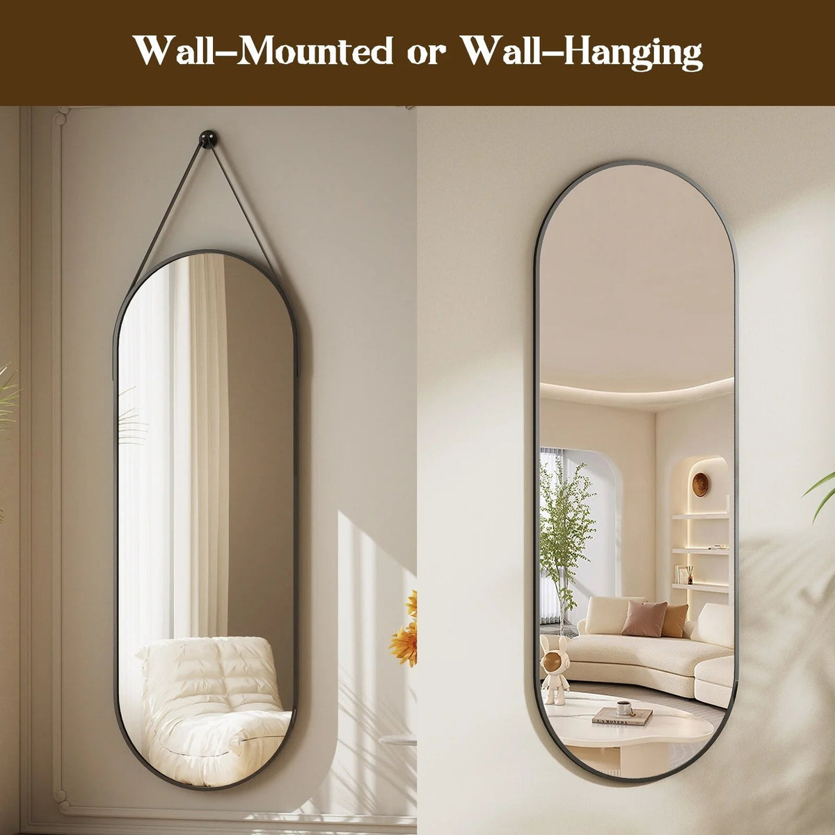 Full Length Wall Mirror, 48 x 16 Inch, Black, Leather Strap