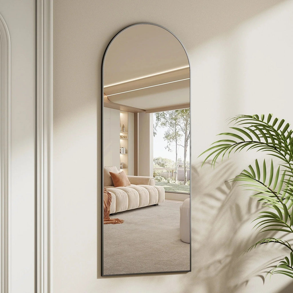 Full Length Wall Mirror, 48 x 16 Inch, Black, Leather Strap