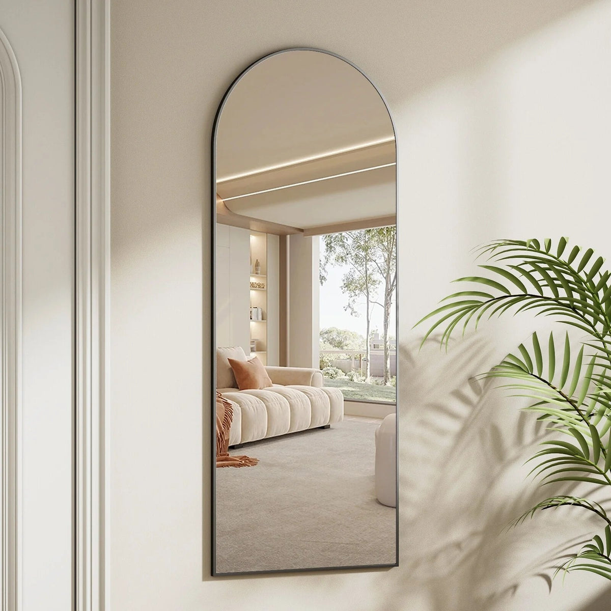 Full Length Wall Mirror, 48 x 16 Inch, Black, Leather Strap