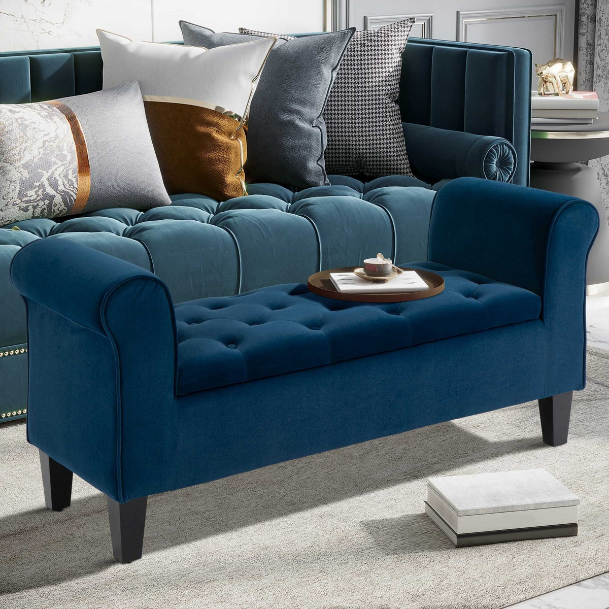 Button-Tufted Storage Ottoman Bench, Polyester and Rubberwood, 53.25in W x 17.75in D x 25.5in H