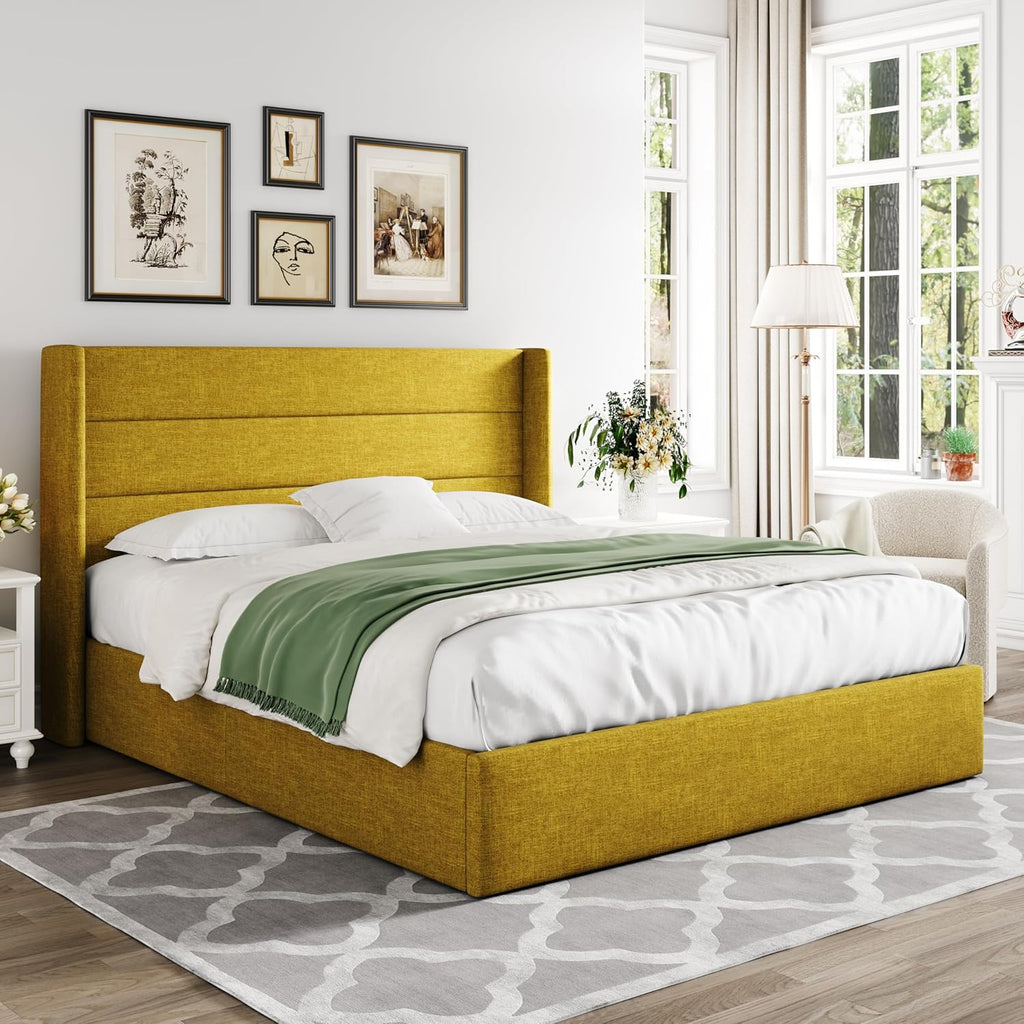 Queen Size Lift-Up Storage Bed With Wingback Headboard, Upholstered Platform Bed Frame With Hidden Storage