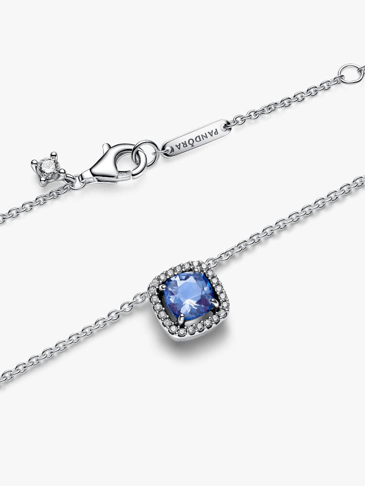 Sparkling Square Blue Halo Pendant Necklace