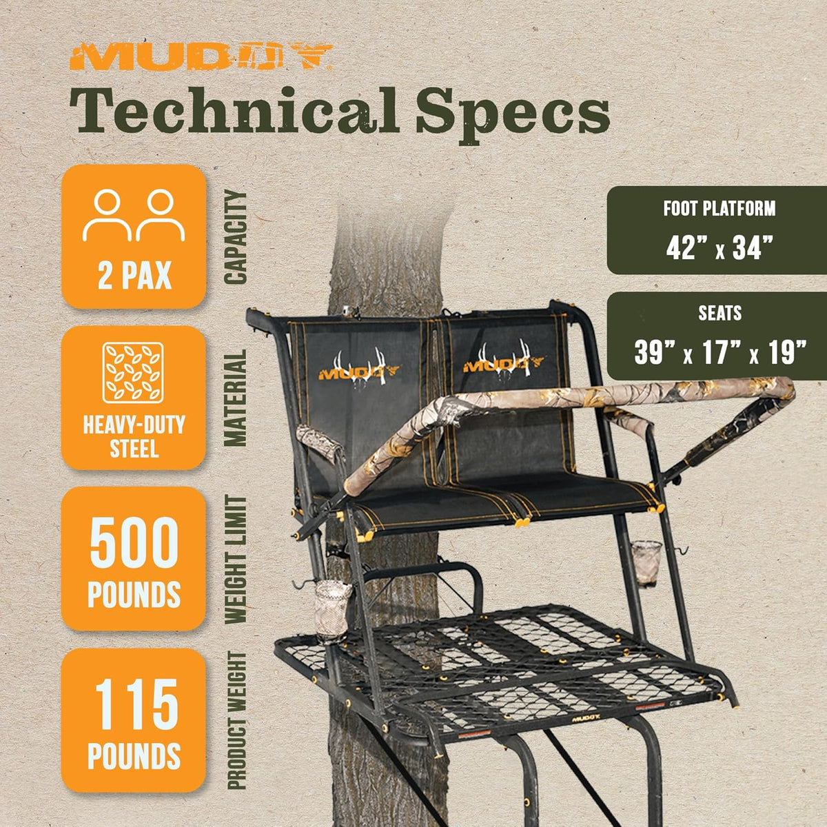 2-Person Ladder Tree Stand, 20ft, 500lb Capacity