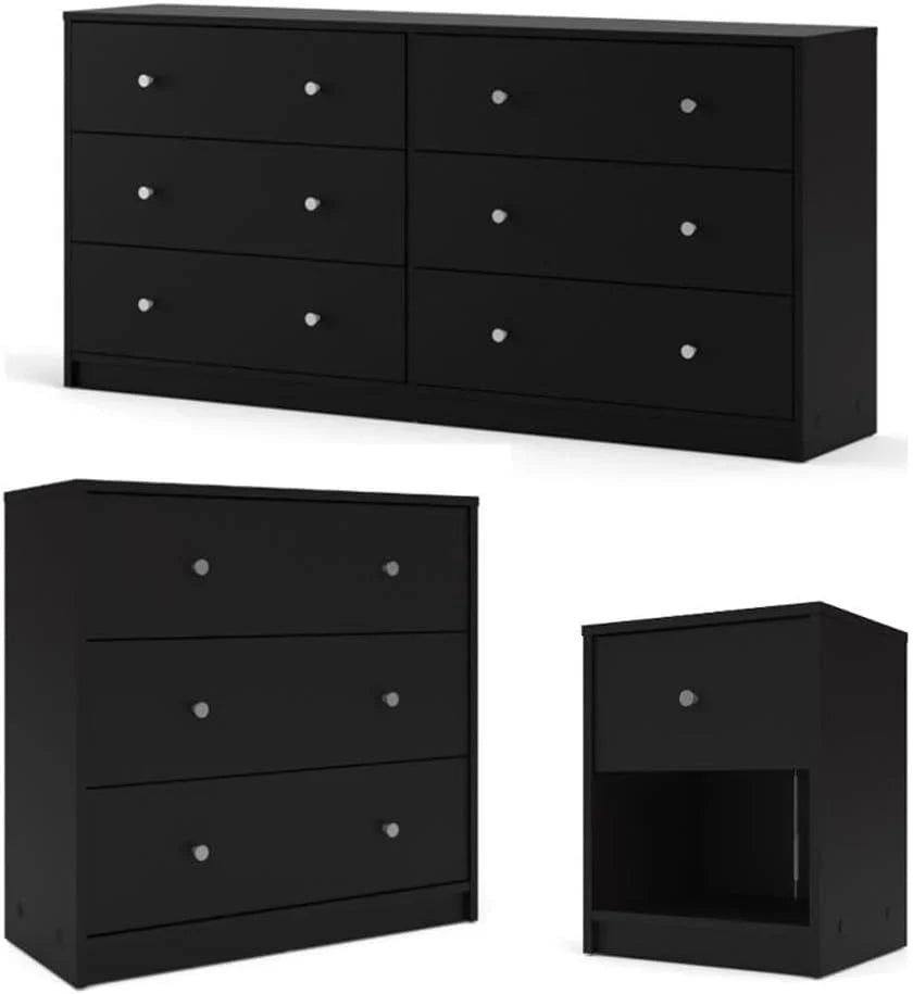 3-Piece Scandinavian Engineered Wood Bedroom Furniture Set With Black 6-Drawer Dresser, 3-Drawer Chest And Nightstand
