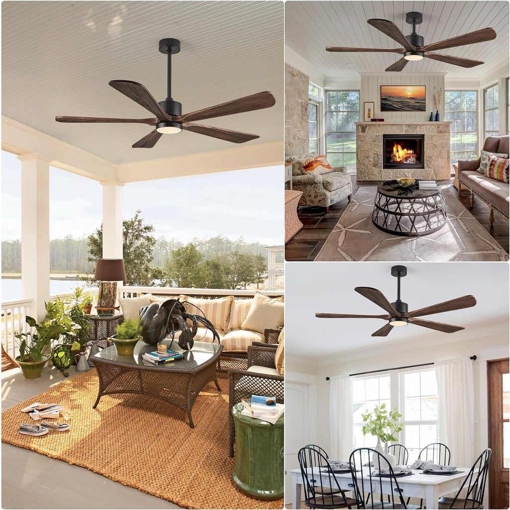 BOOSANT 60 inch Ceiling Fan With LED Light, 5 Solid Wood Blades, 6 Speeds, Deep Brown - 8727