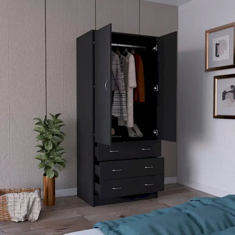 Devali Blue Double-Door Armoire With 3 Drawers And 1 Hanging Rod