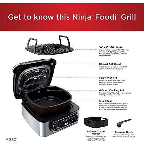 Ninja Foodi 5-in-1 Indoor Electric Grill With Air Fry, 4-qt Crisper Basket, Black/Silver - AG301