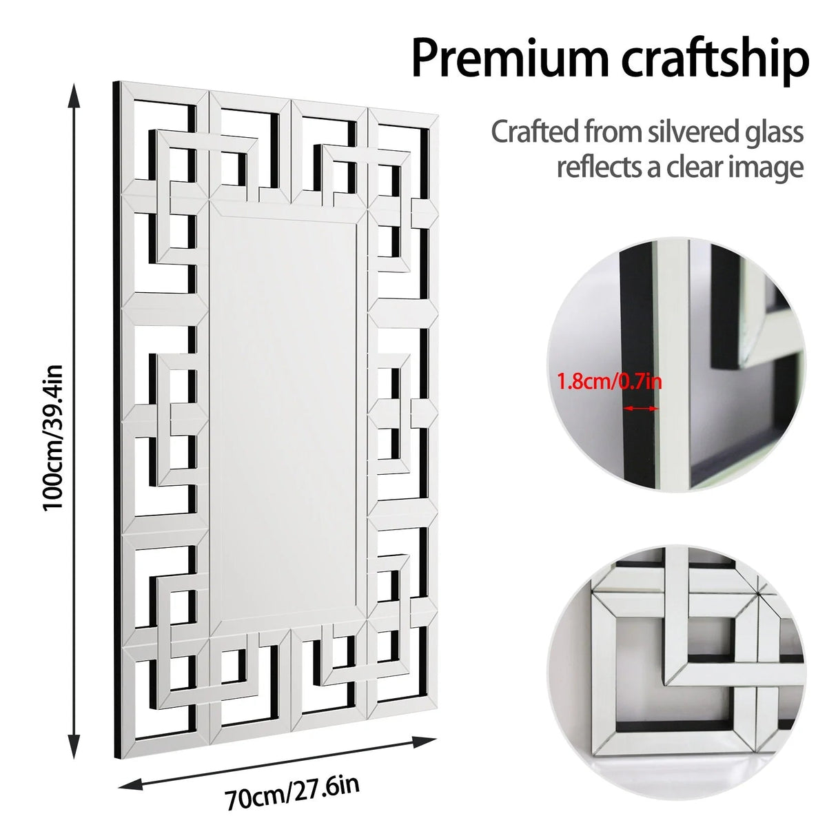 Silver Geometric Decorative Wall Mirror, 39.4in x 27.6in - MDF And Glass