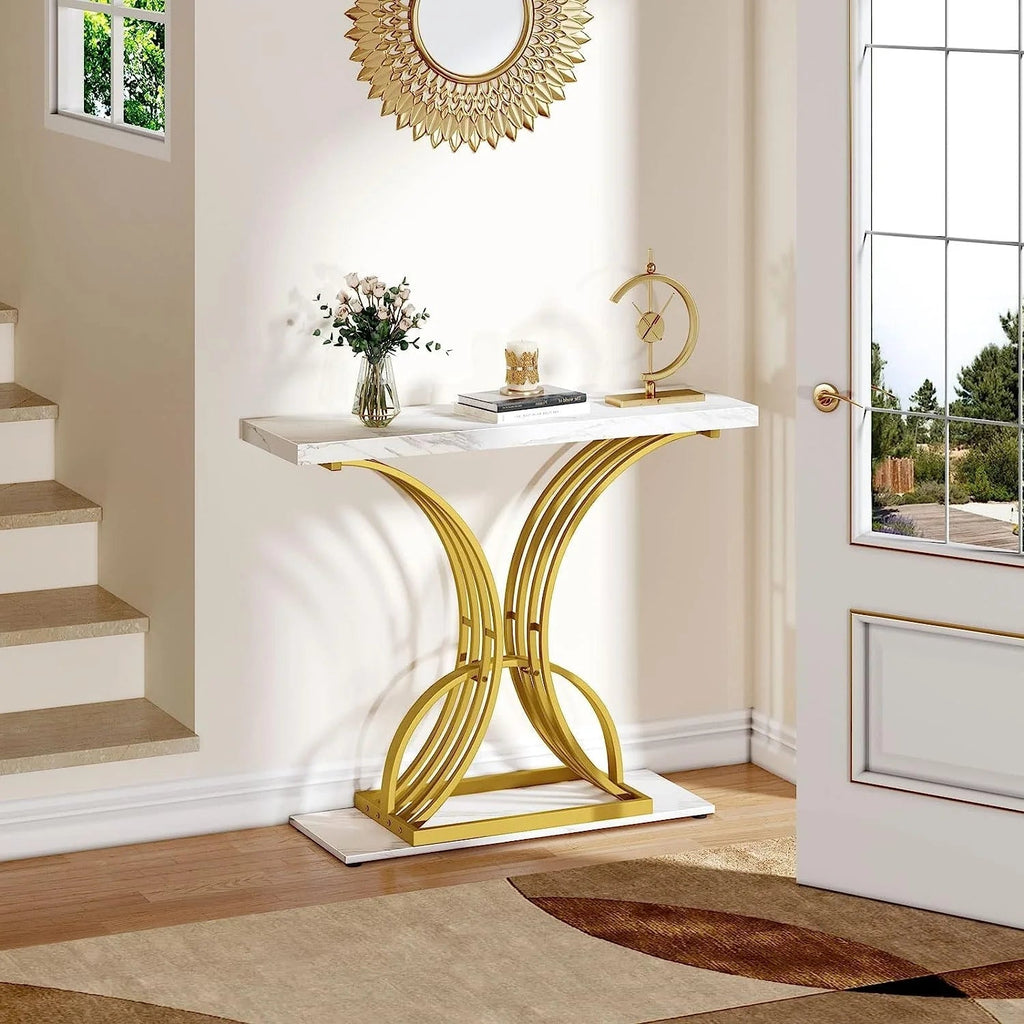 Console Table With Faux Marble MDF Top And Gold Metal Frame