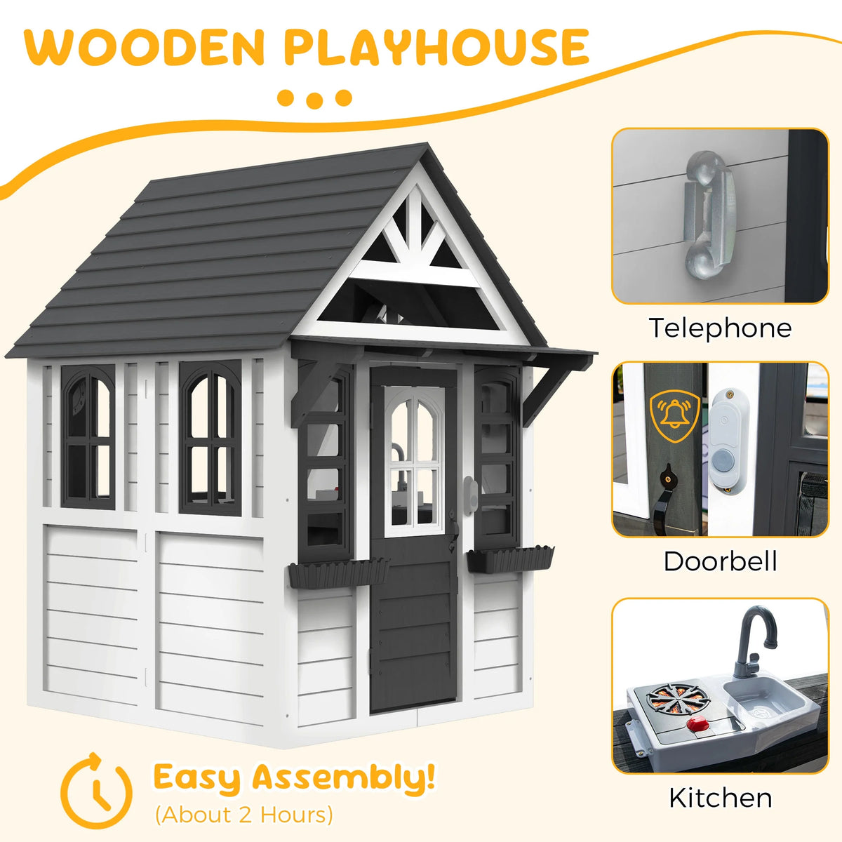 COCLUB Wooden Outdoor Playhouse With Doorbell, Phone And Kitchen Toys, 45in L x 43in W x 65in H
