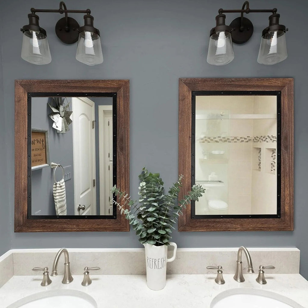 Solid Wood And Iron Framed Wall Mirror - 26 in x 18 in, 32 in x 24 in, 40 in x 26 in, 48 in x 30 in, 53 in x 28 in