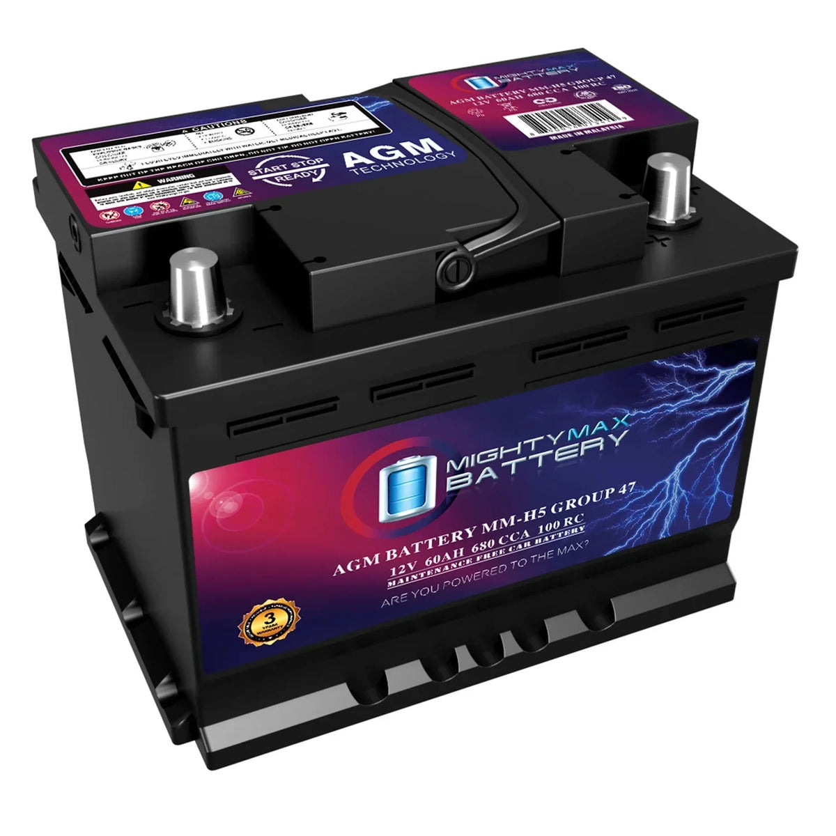 Mighty Max Battery AGM Car Battery, Group Size 47, 12V 60 AH, 680 CCA, 100RC - MM-H5