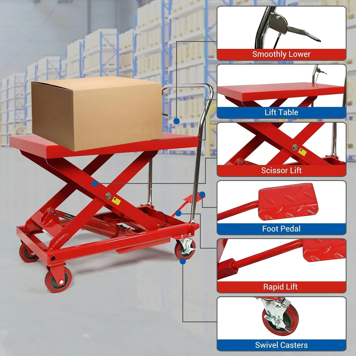MERXENG Hydraulic Lift Table Cart, 660 lbs, 31 in Lift Height, Double Scissor, 4 Wheels