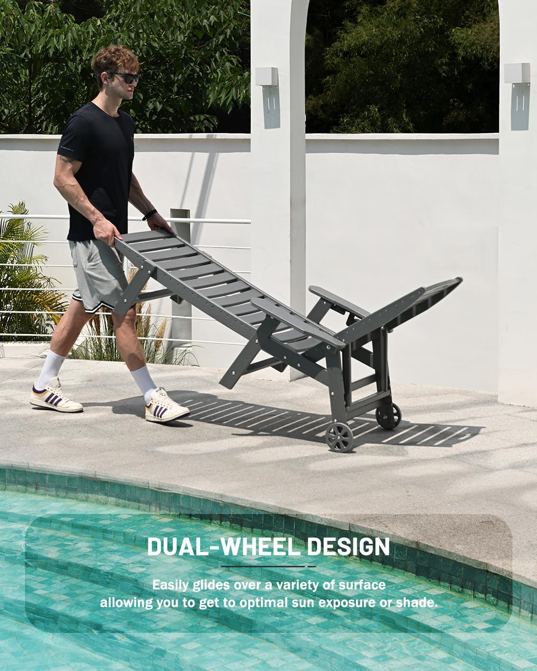 SUUNYN HDPE 6-Position Outdoor Chaise Lounge Chair With Wheels And Cup Holder - Teak