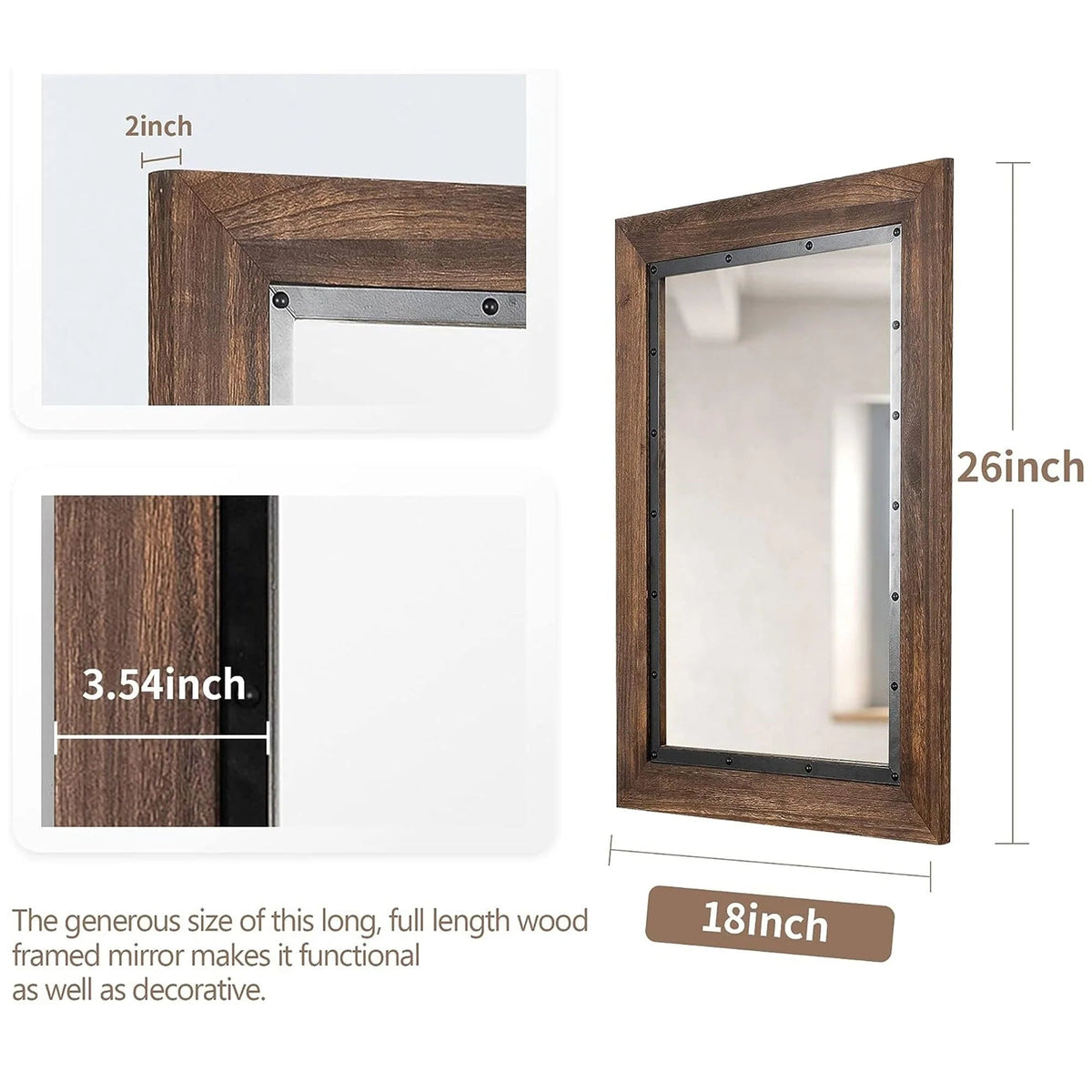 Solid Wood And Iron Framed Wall Mirror - 26 in x 18 in, 32 in x 24 in, 40 in x 26 in, 48 in x 30 in, 53 in x 28 in
