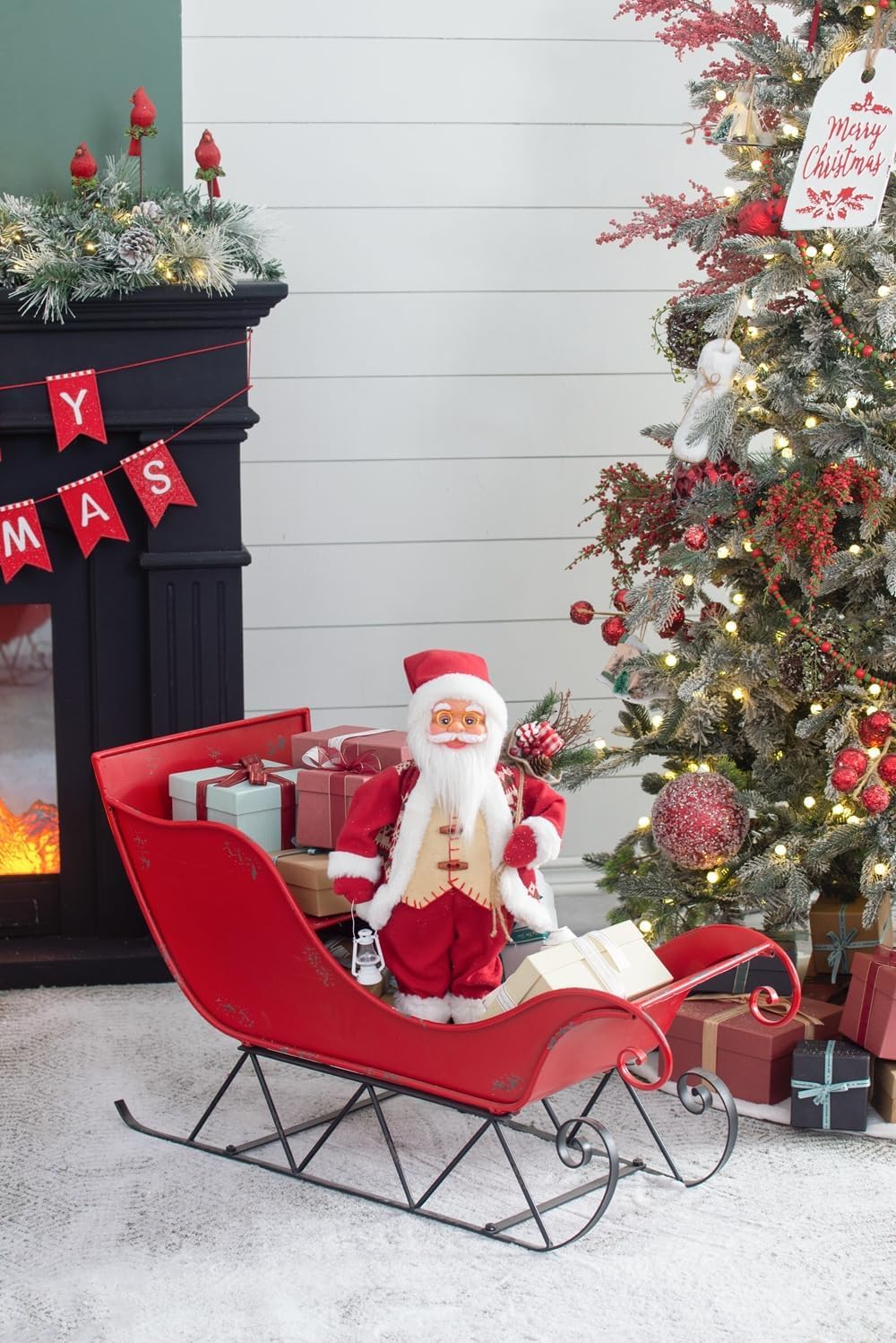 Christmas Sleigh Outdoor Decoration, Large Red Iron, 39 in - Sleigh-L