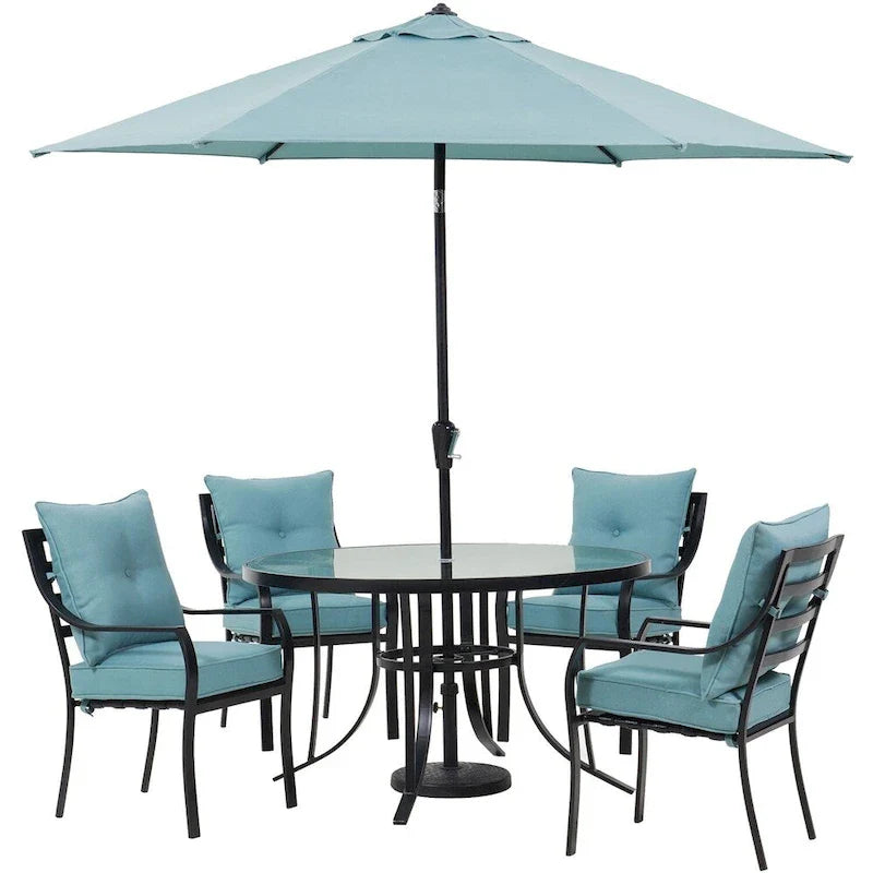 Hanover 5-Piece Outdoor Dining Set, Ocean Blue, 52-in Round Glass-Top Table, 4 Chairs, 9-ft Umbrella and Base - Lavallette