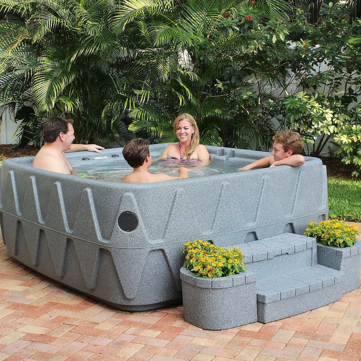 4-Person Square Plug-And-Play Hot Tub With Ozonator, 20 Stainless Steel Jets, LED Waterfall, 110V