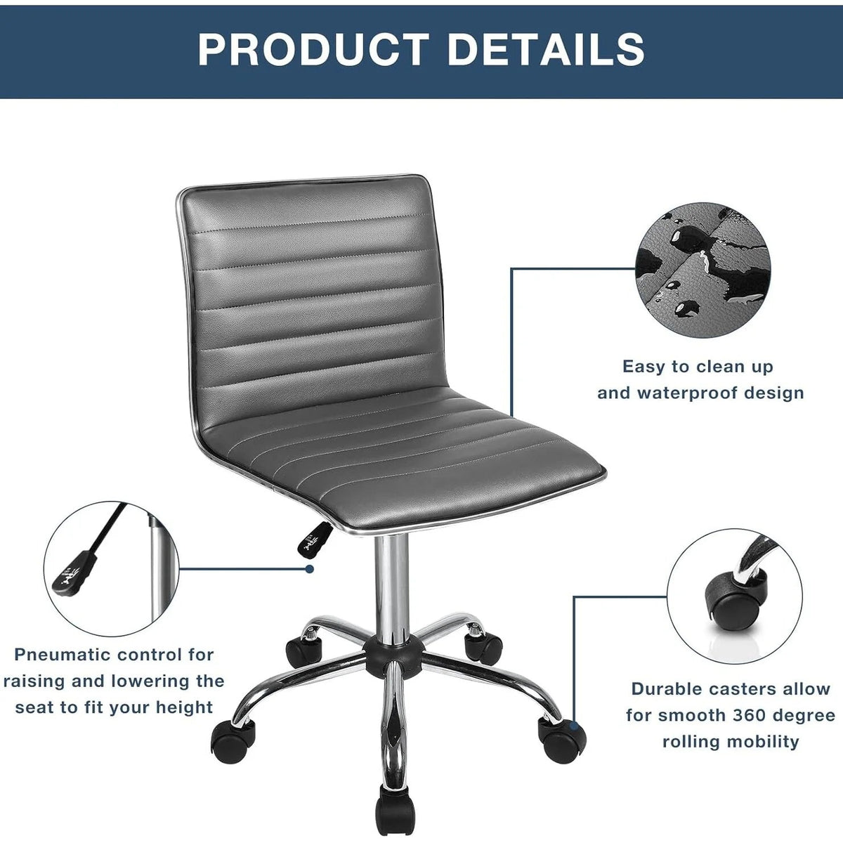 Adjustable Mid-Back Armless Swivel Office Chair With PU Leather - 265 lbs.