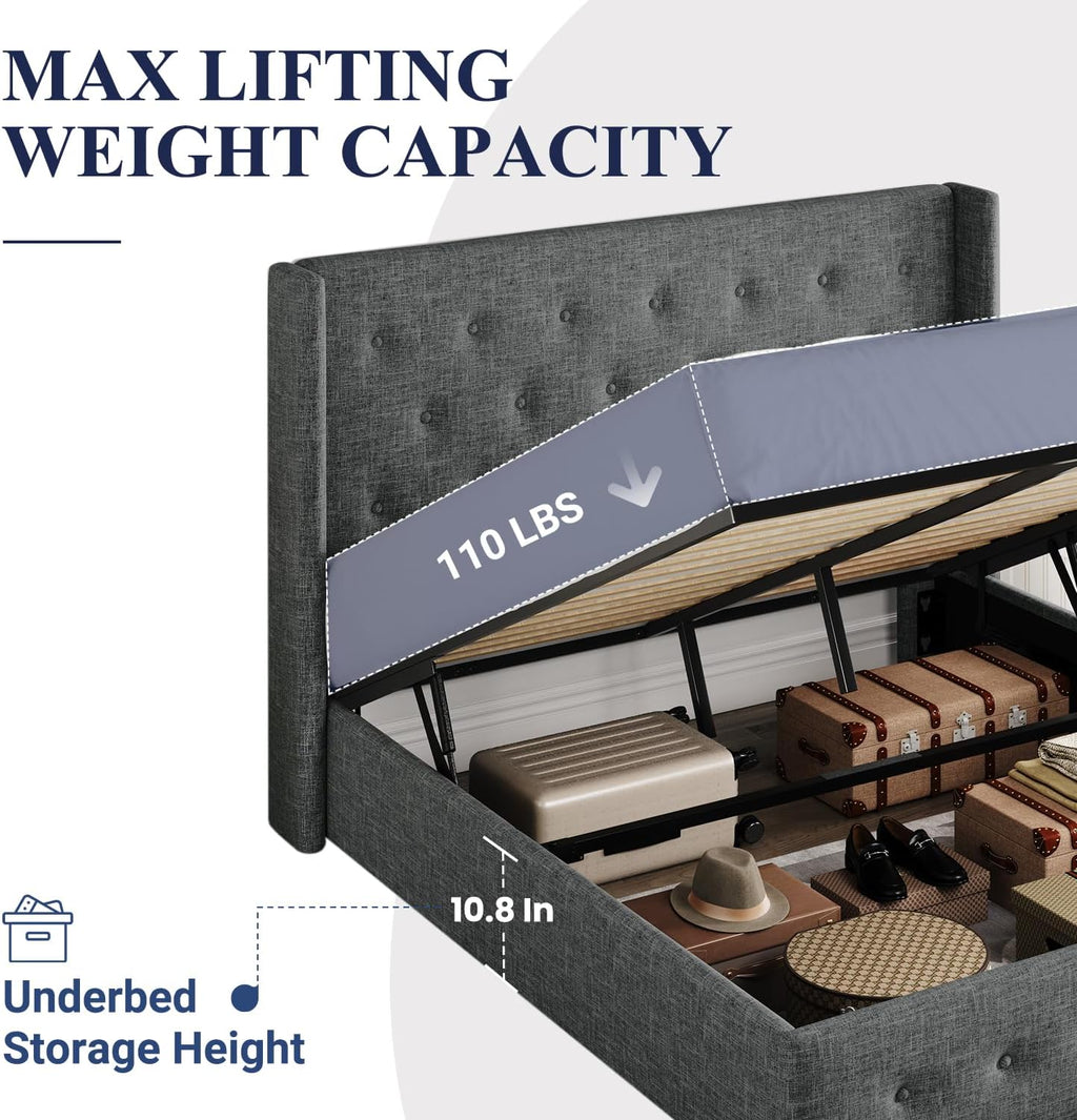 Queen Size Lift-Up Storage Bed With Wingback Headboard, Upholstered Platform Bed Frame With Hidden Storage