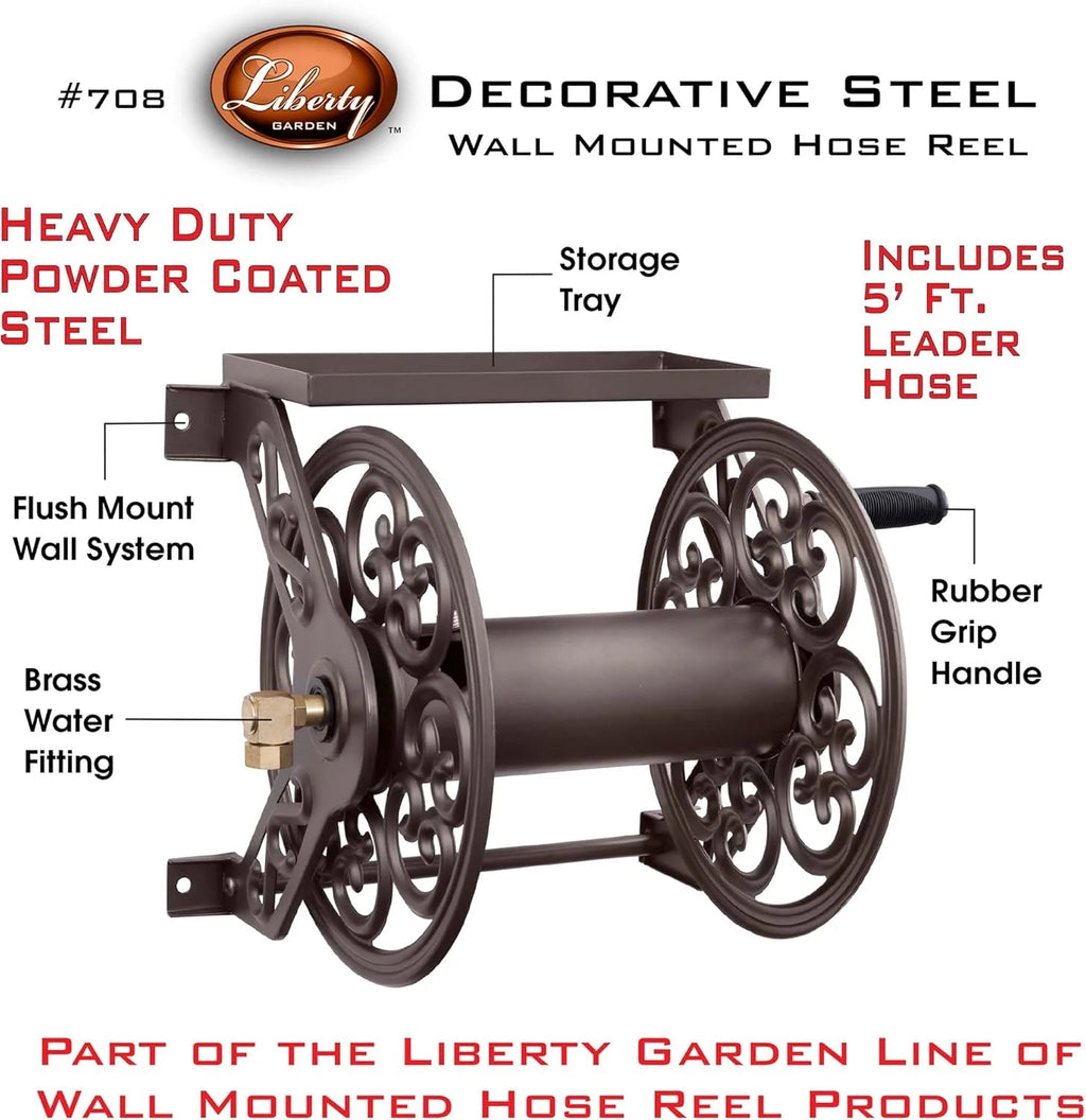 Steel Wall Mount Garden Hose Reel With Shelf, 125 Feet 5/8-Inch Capacity