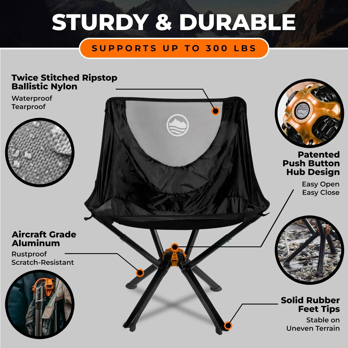 CLIQ Portable Folding Camping Chair, 300 Lbs, Black - CC01