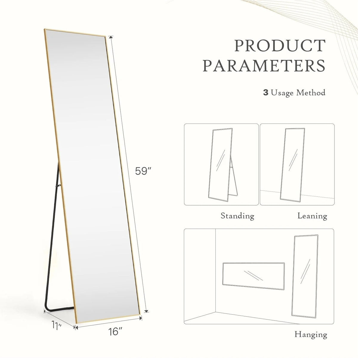 Full-Length Floor Mirror With Stand, Aluminum Alloy Frame - 71x30