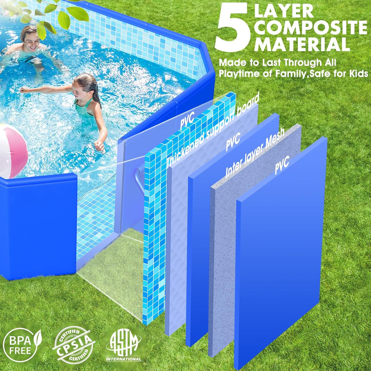 BrandStarOcean Foldable Non-Inflatable Pool, Blue, 115 in x 66 in x 20 in