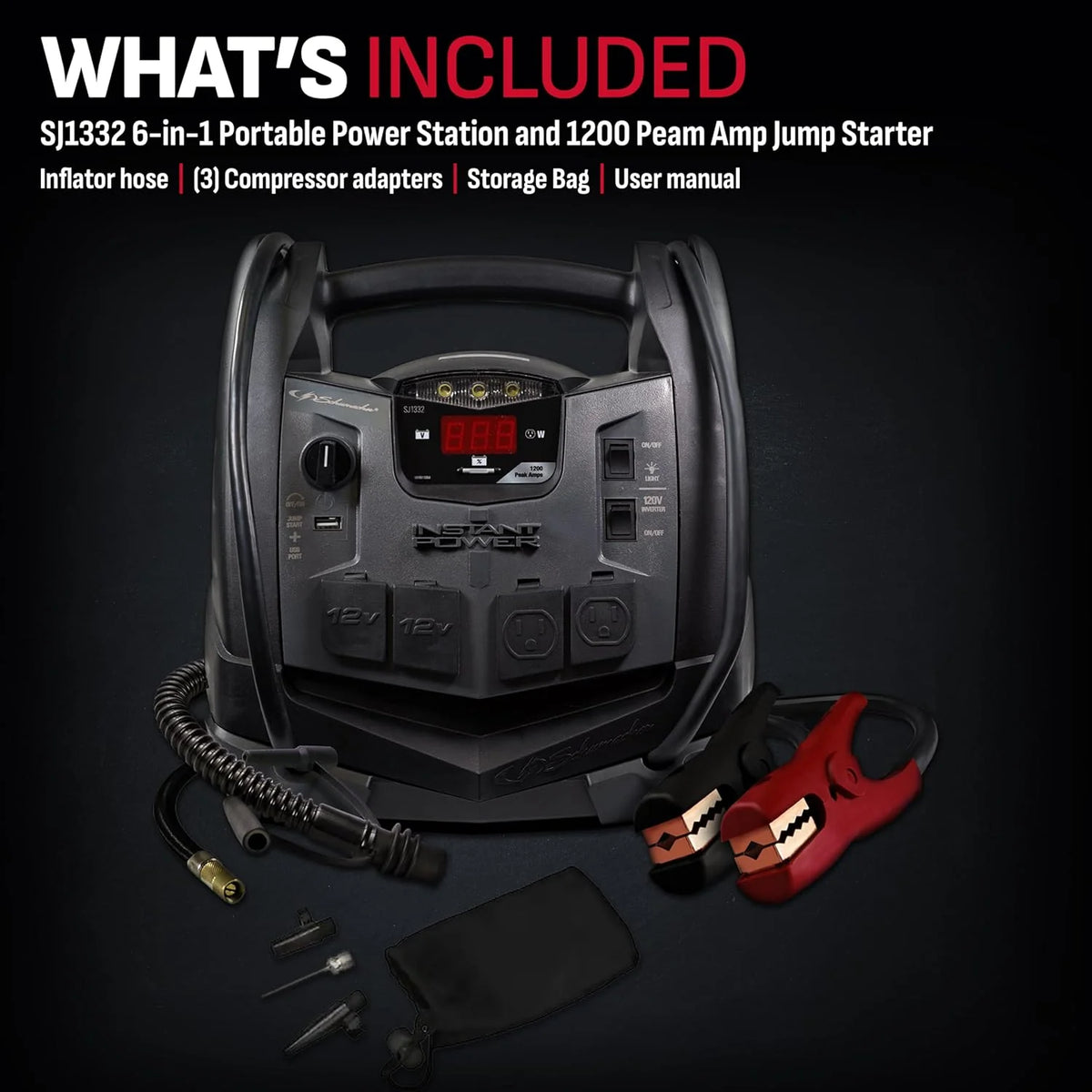 Schumacher 6-in-1 Portable Power Station And Jump Starter, 1200 Peak Amps, 150-PSI - SJ1332