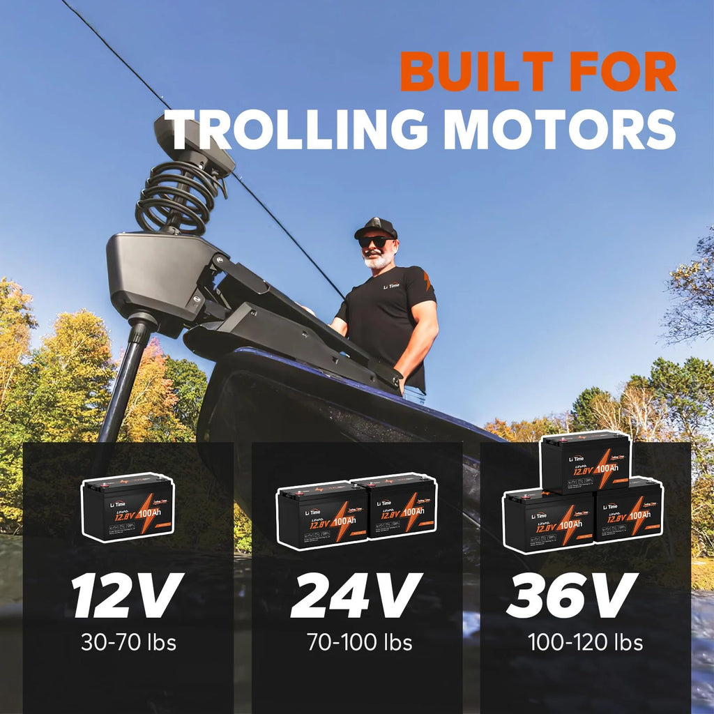 LiTime 12V 100Ah TM LiFePO4 Lithium Trolling Motor Battery With Built-In 100A BMS - Group 24