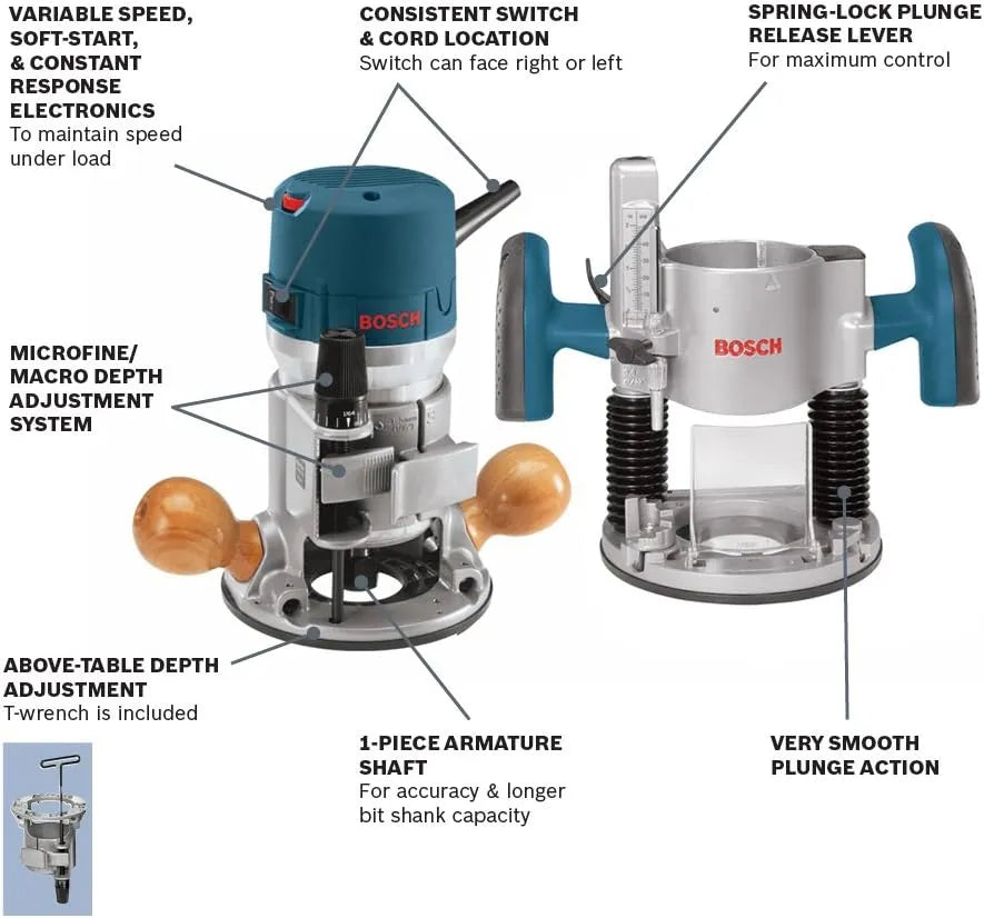 12-Amp 2.25 HP Wood Router Combo Kit With Plunge Router, Fixed Base And Variable Speed