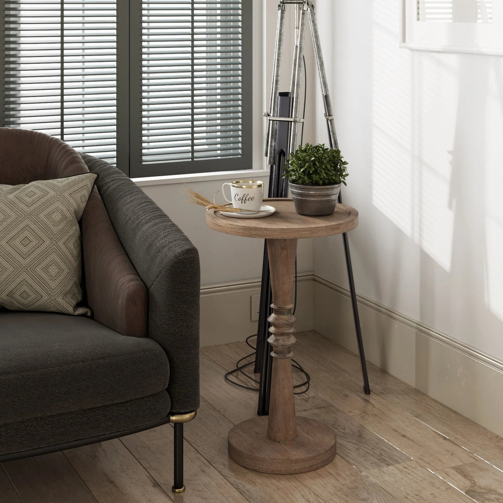Pedestal End Table With Round Tray Top And Distressed Finish
