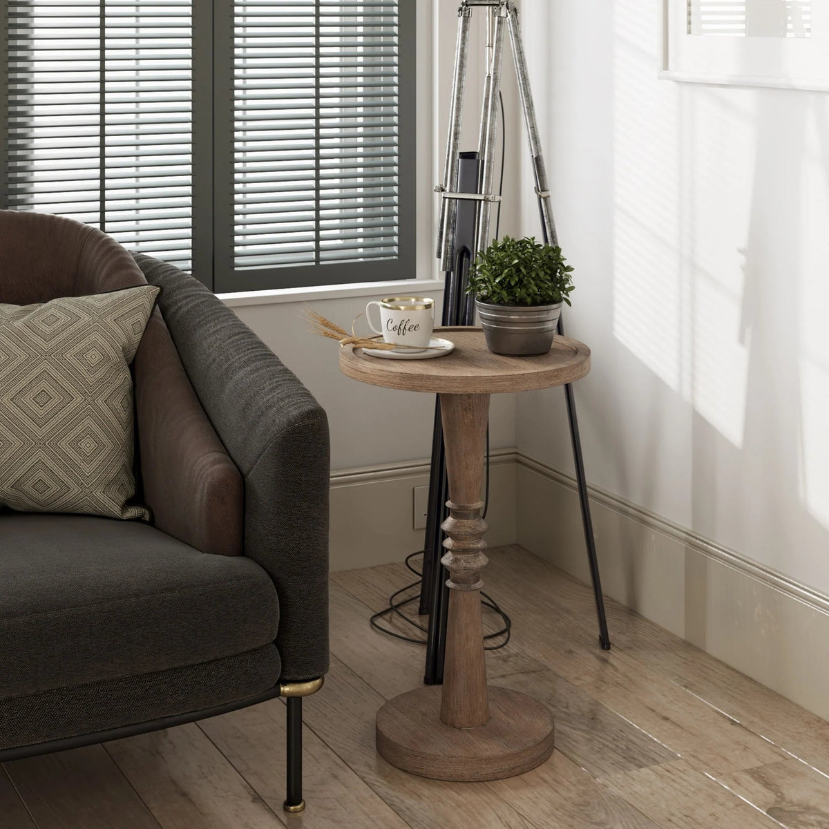Pedestal End Table With Round Tray Top And Distressed Finish