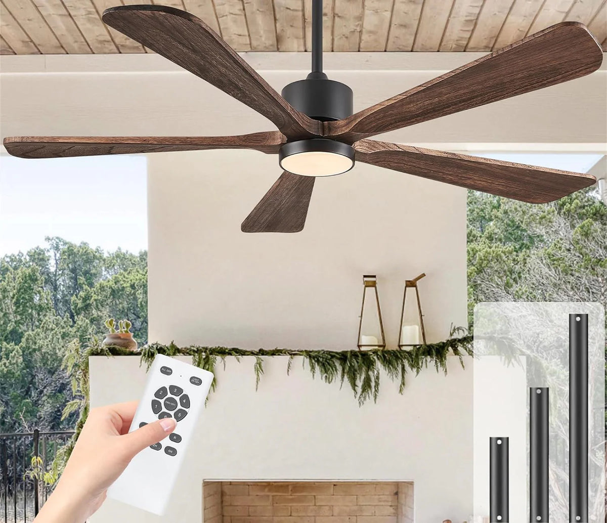 BOOSANT 60 inch Ceiling Fan With LED Light, 5 Solid Wood Blades, 6 Speeds, Deep Brown - 8727