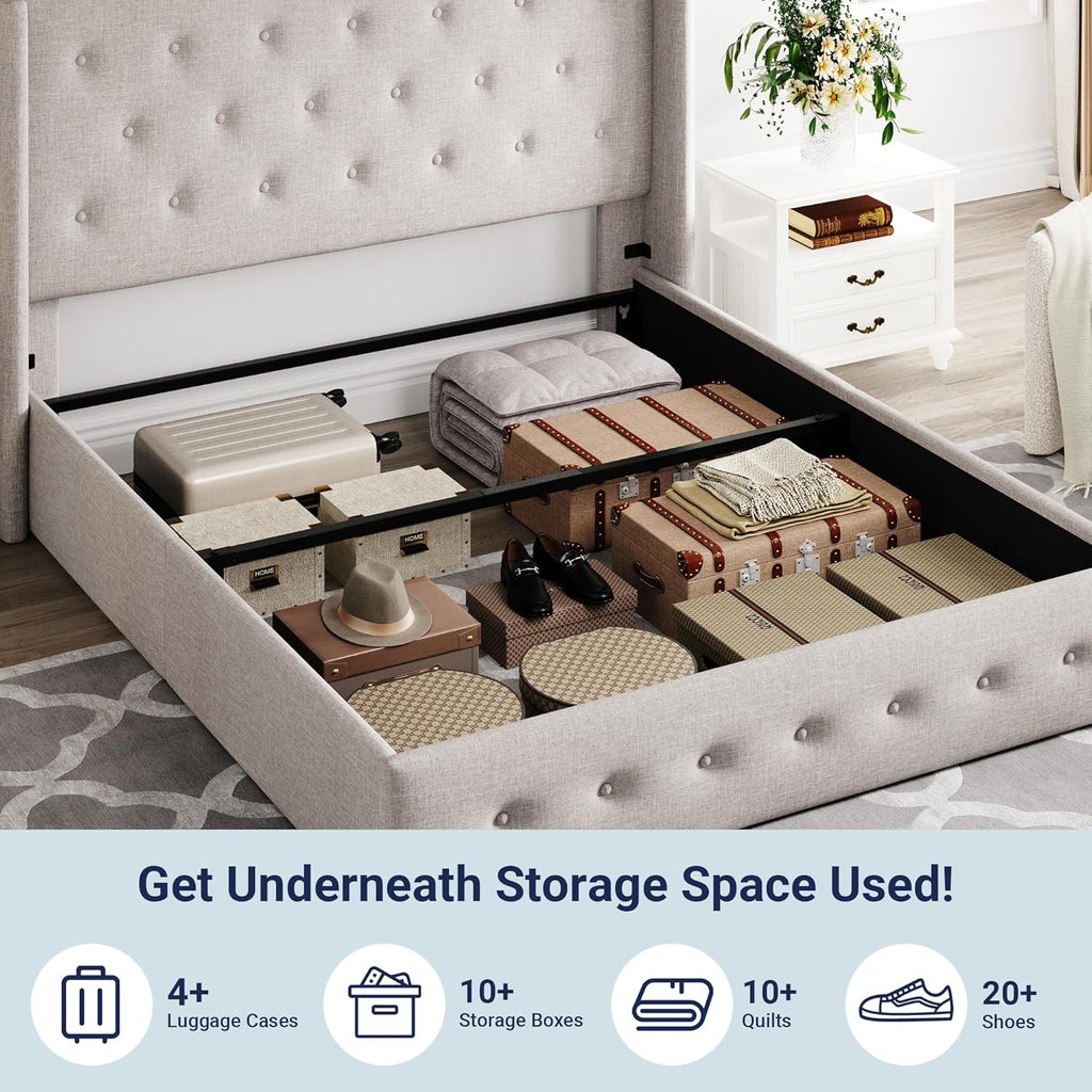 Queen Size Lift-Up Storage Bed With Wingback Headboard, Upholstered Platform Bed Frame With Hidden Storage