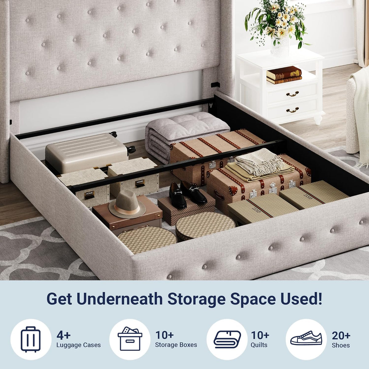 Queen Size Lift-Up Storage Bed With Wingback Headboard, Upholstered Platform Bed Frame With Hidden Storage