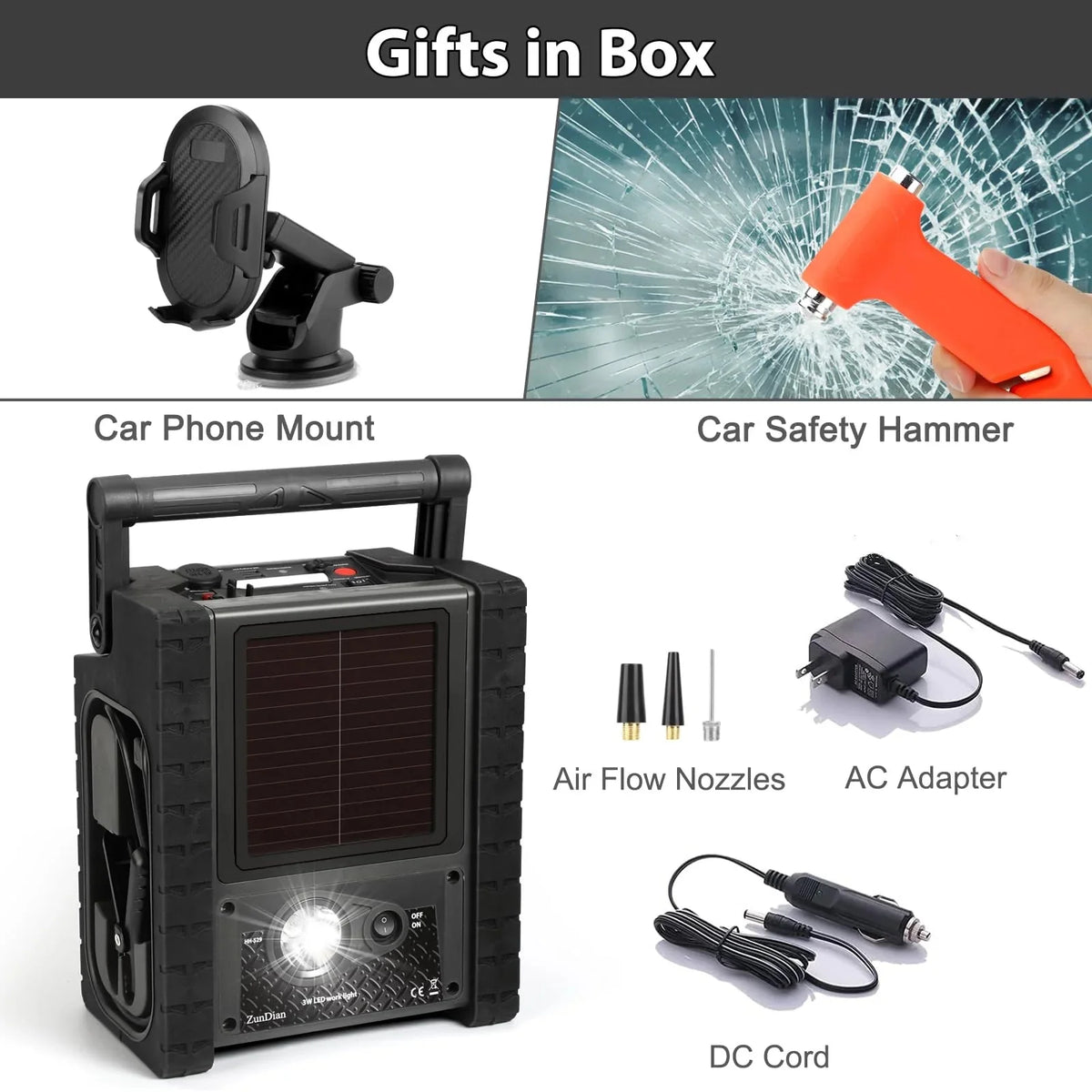 ZunDian Portable Power Station Jump Starter 2000 Amps, 260 PSI Air Compressor, 400W Inverter - ZD-529