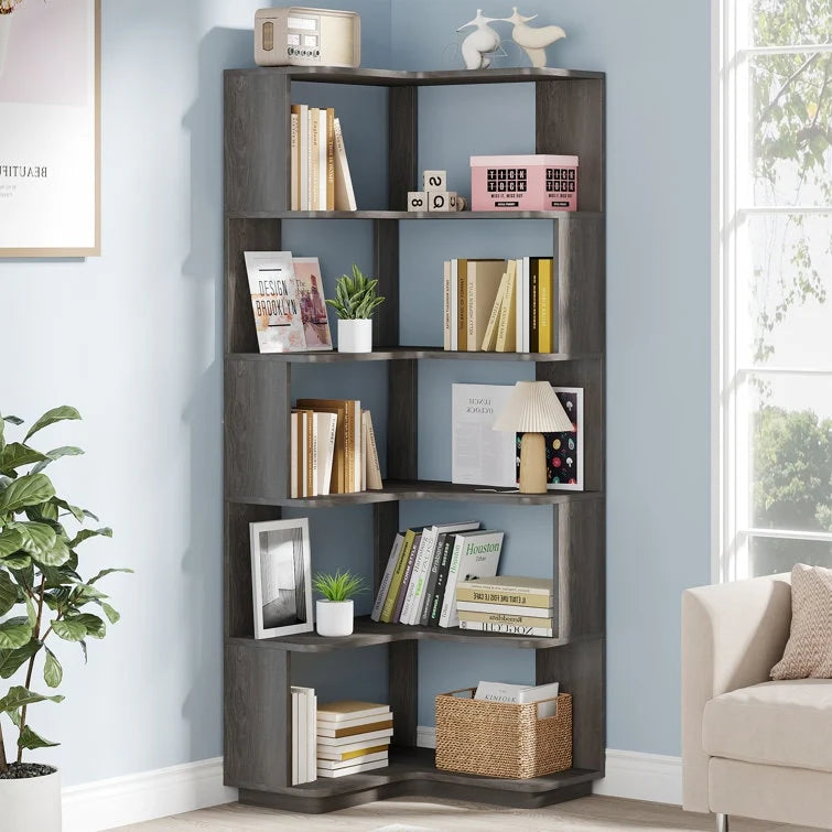 6-Tier Corner Bookshelf, 64.9 Inch Tall, Freestanding Wood Industrial Bookcase