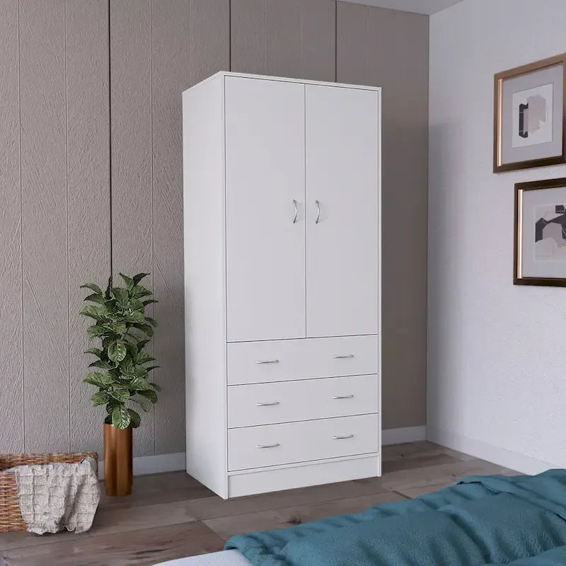 Devali Blue Double-Door Armoire With 3 Drawers And 1 Hanging Rod