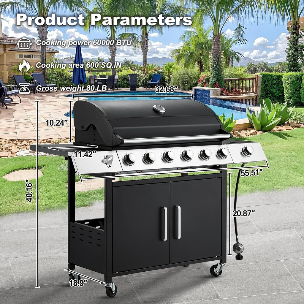 MELLCOM 4 Burner Propane Gas Grill With Cast Iron Grates And Side Stove, 44,000 BTU, Black - BBQ-4+1