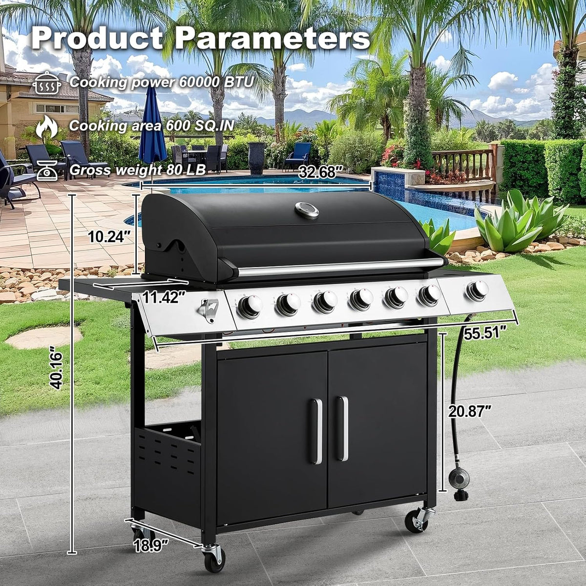 MELLCOM 4 Burner Propane Gas Grill With Cast Iron Grates And Side Stove, 44,000 BTU, Black - BBQ-4+1