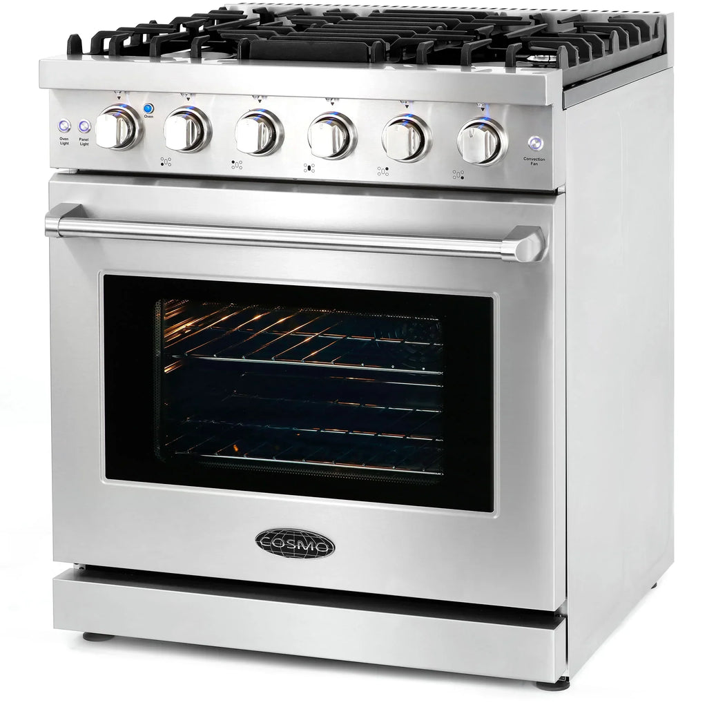 Cosmo 4-Piece Kitchen Appliance Package - 30 in Gas Range, Wall Mount Range Hood, 24 in Built-In Dishwasher, French Door Refrigerator