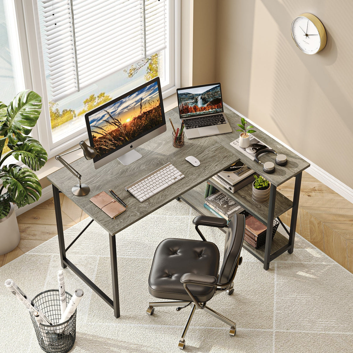 Small L-Shaped Computer Desk With Reversible Storage Shelves - 55-Inch / 47-Inch