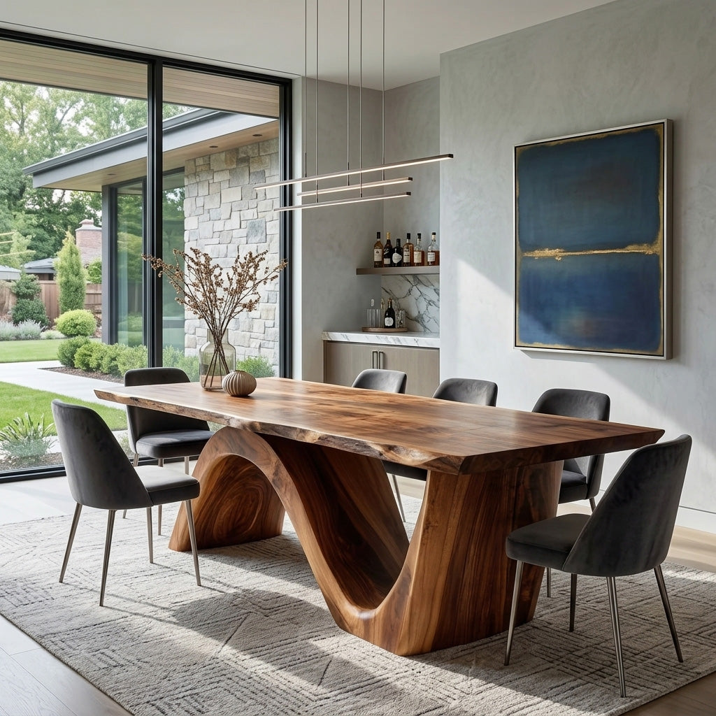 Contemporary Curved Base Wood Dining Table For Dining Area