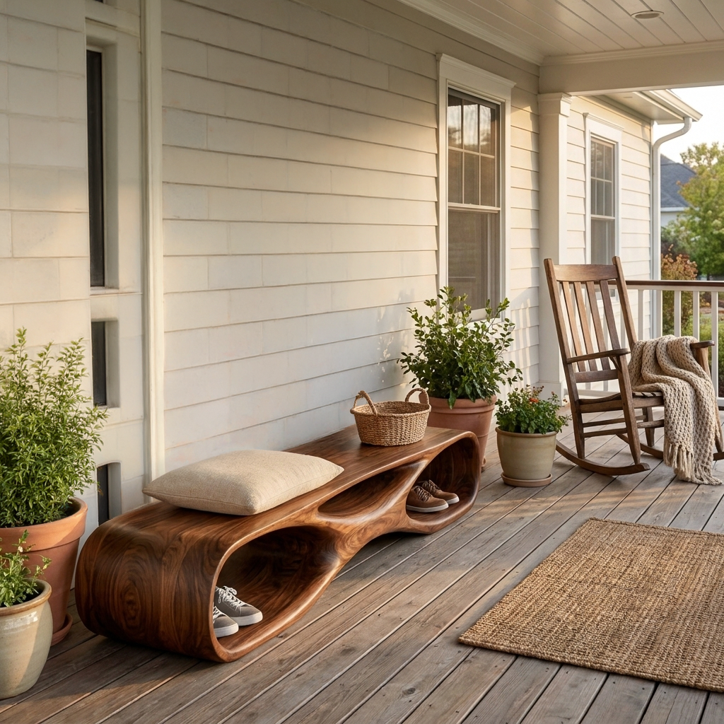 Artistic Wooden Bench With Organic Shape For Hallway