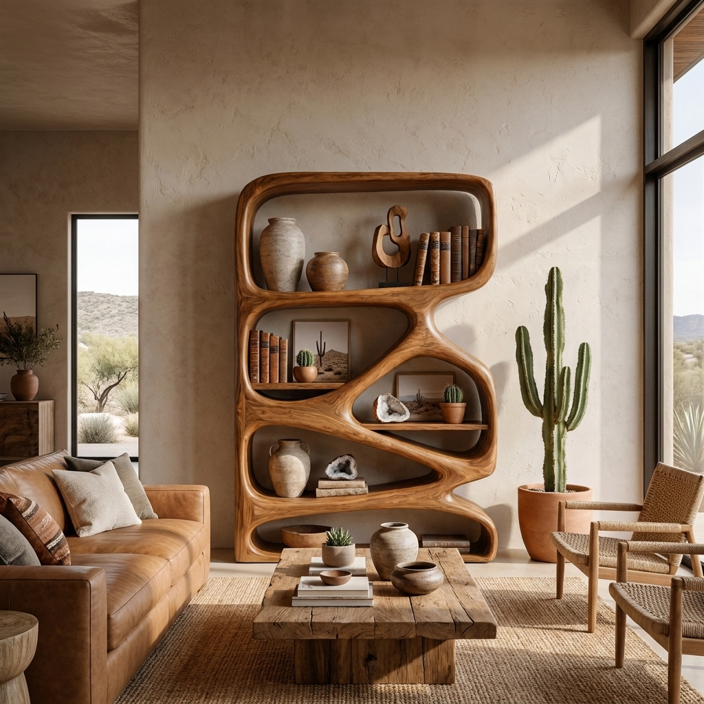 Artistic Wooden Bookshelf With Functional Open Display Shelving For Living
